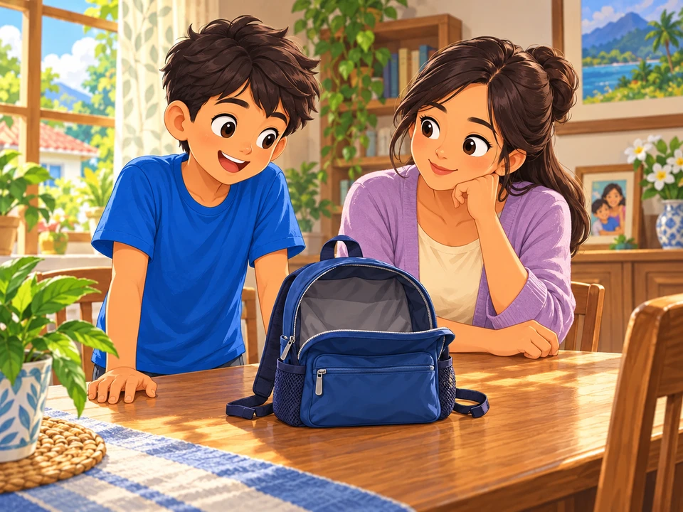 A boy and his mum consider a small school bag for a class talk.