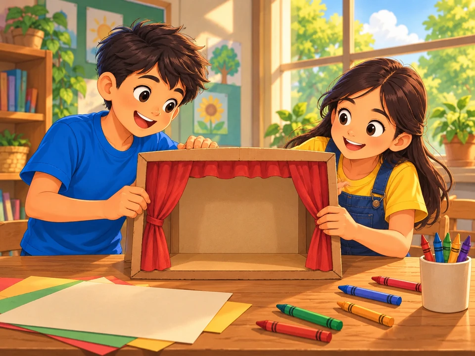 Two classmates prepare an empty cardboard stage for a plant play.