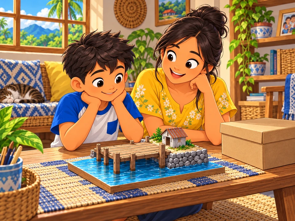 Ivo and his aunt considering a small toy dock at a sunny home craft table before beginning their model work.