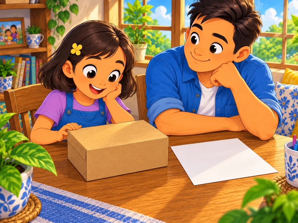Bea and her dad considering a closed craft box at a sunny home table.