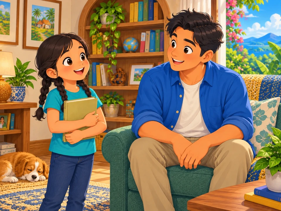 Nina talking with her uncle in a bright home reading nook before opening a keepsake folder.