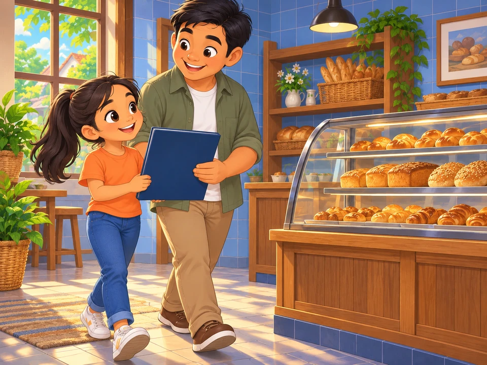 Ella and her uncle beginning plans in a welcoming bakery.