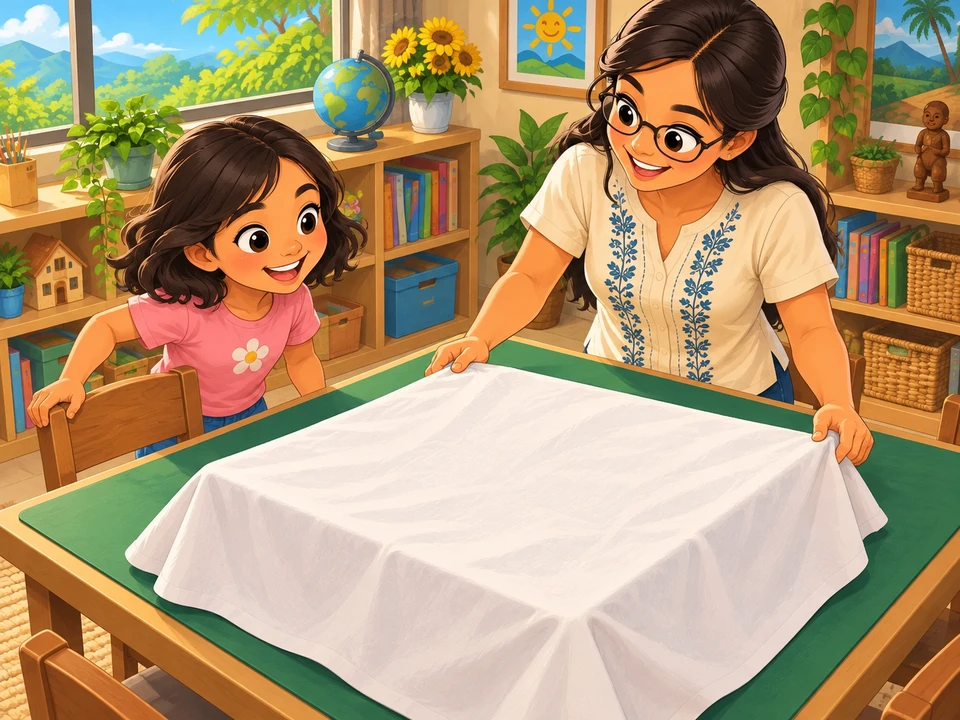 Kim and her teacher preparing a covered classroom model project.
