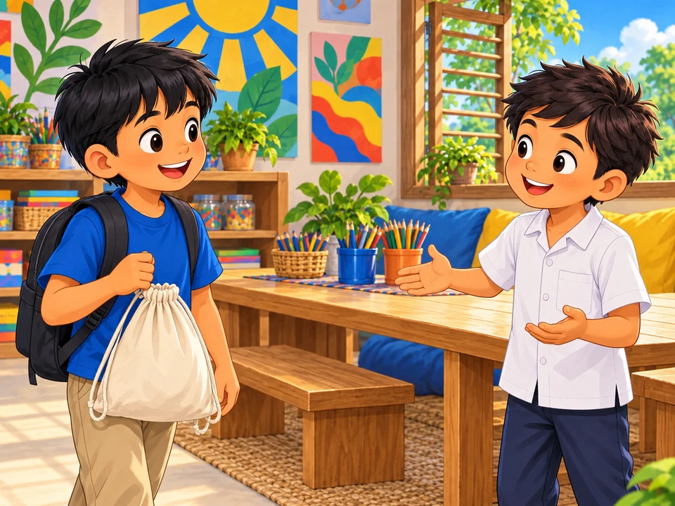 Luis arriving with a closed project bag as his friend greets him.