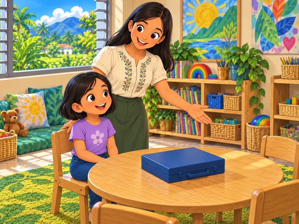 Luz and her teacher preparing a classroom game with the equipment still closed.