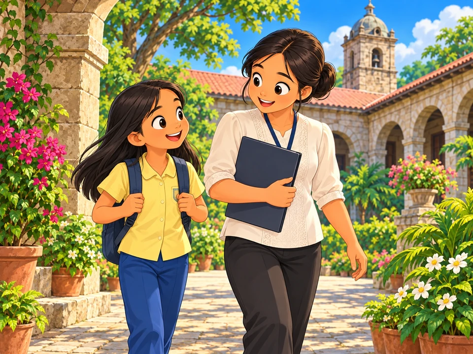 Cora and a visitor guide arriving in a sunny historic courtyard.