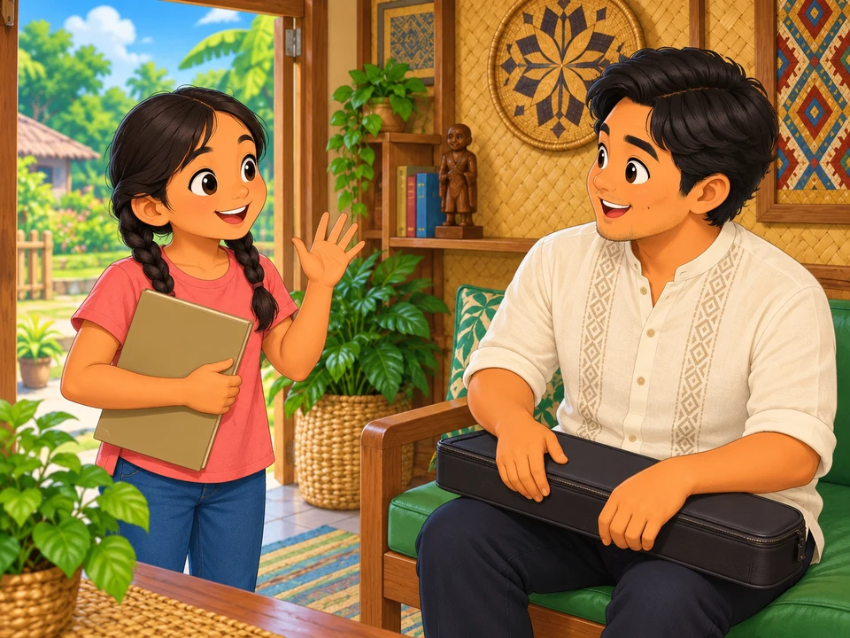 Mara greeting a musician whose instrument remains inside its case.