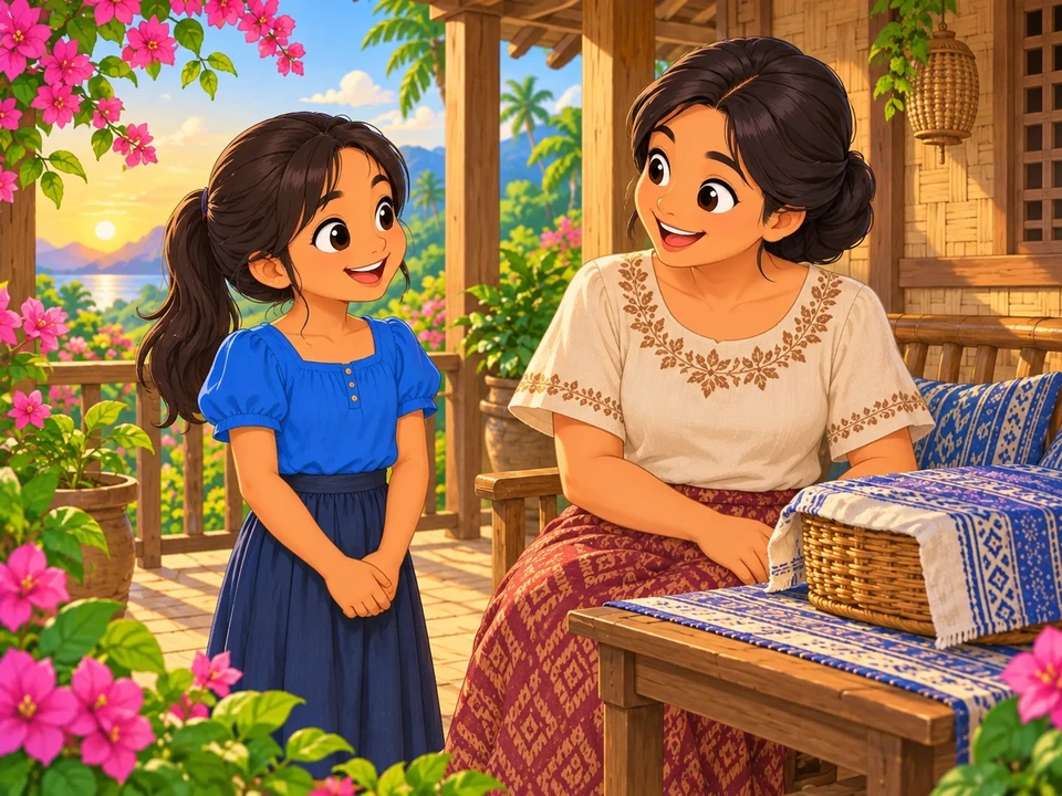 Faye and her aunt beside a covered craft basket on a flowering porch.