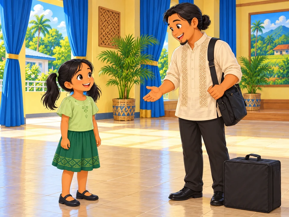 Ella greeting a musician with his luggage still closed.