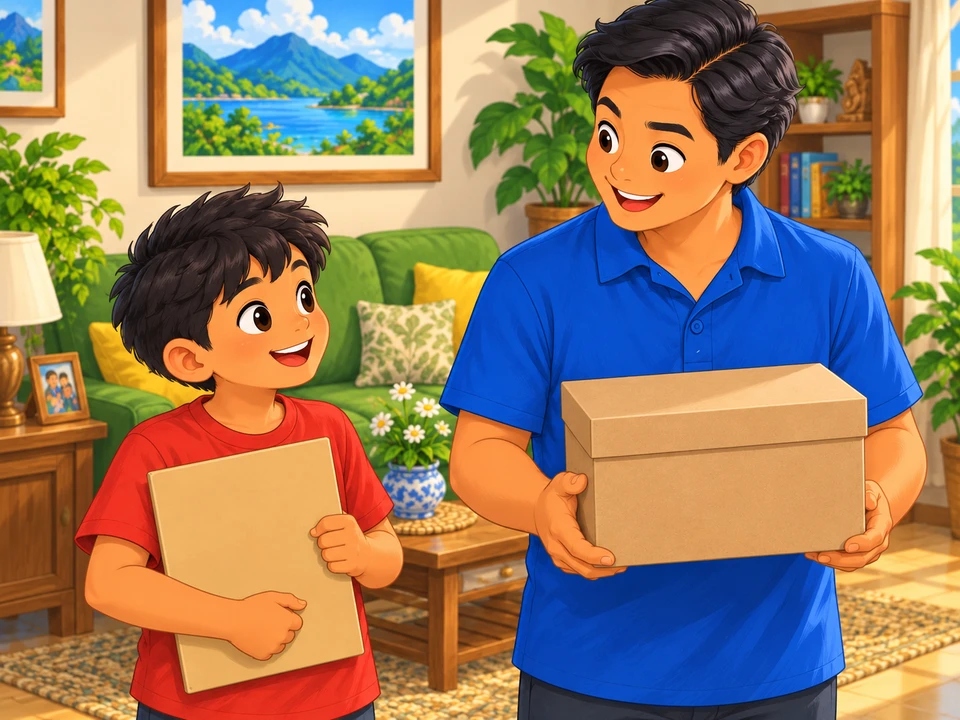 Nico and his uncle planning a decoration display with the item still boxed.