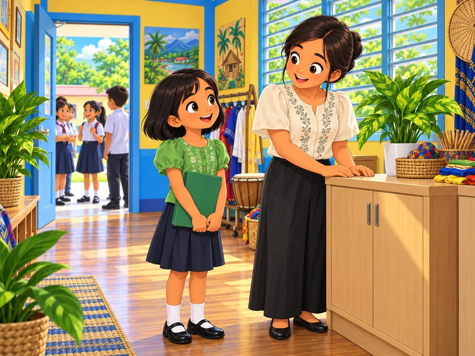 Mae arriving before a school cultural rehearsal.