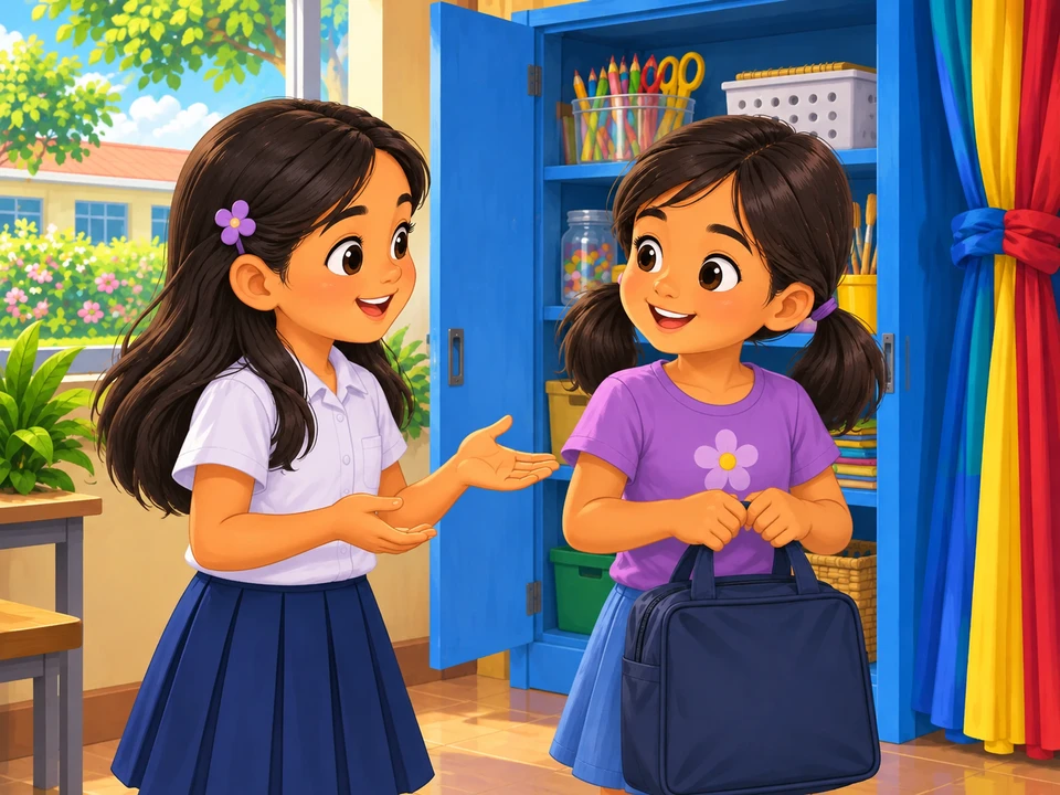 Lia discussing school props with her friend before opening a bag.
