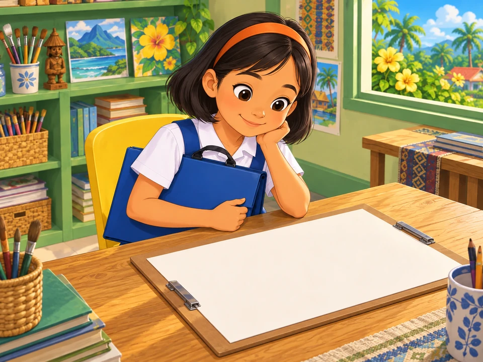 Ana beginning an art-class activity with her tools still packed.