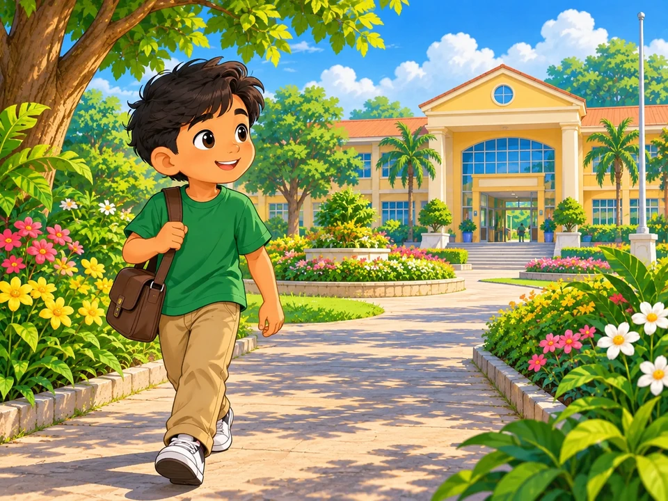 Pio approaching school before attending a show.