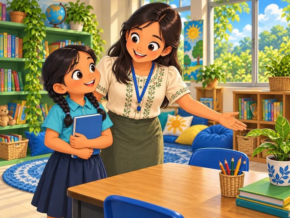 Tara and her teacher beginning a reading-corner activity.