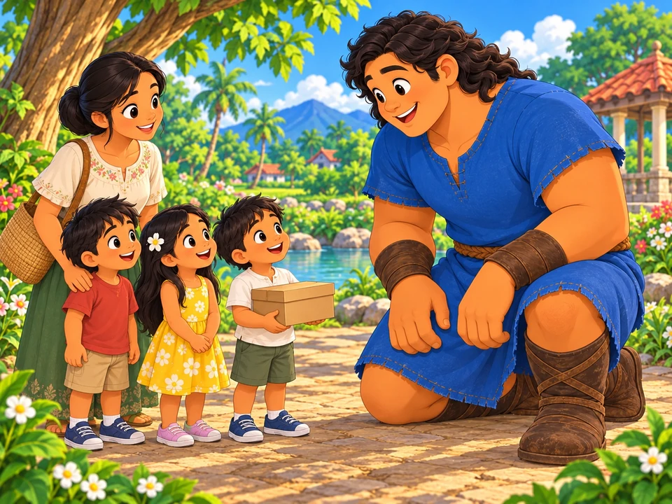 Giant greeting children before their toy-boat activity.