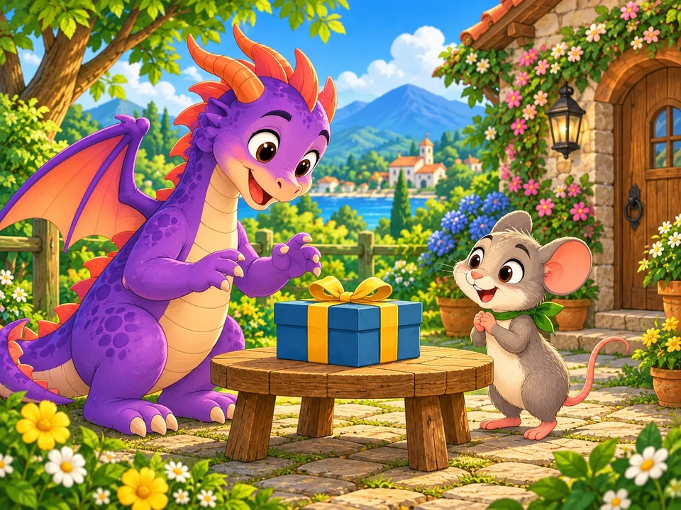 Dragon and Mouse before opening a garden gift.