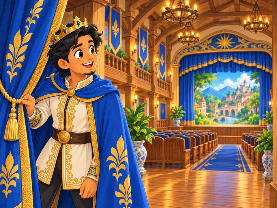King arriving before a town theatre performance.