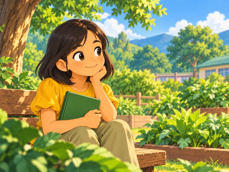 A pupil holds a closed journal in a sunny garden reading nook.