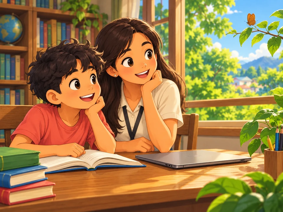 A pupil and teacher notice a butterfly beside a library window.