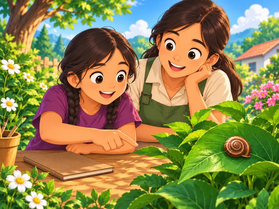 A pupil and adult observe a snail from above beside a closed notebook.