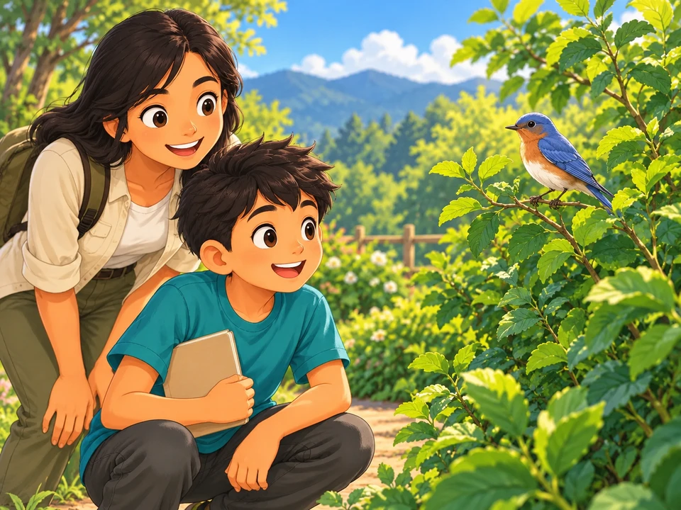 A pupil and adult watch a resting songbird on a leafy shrub.