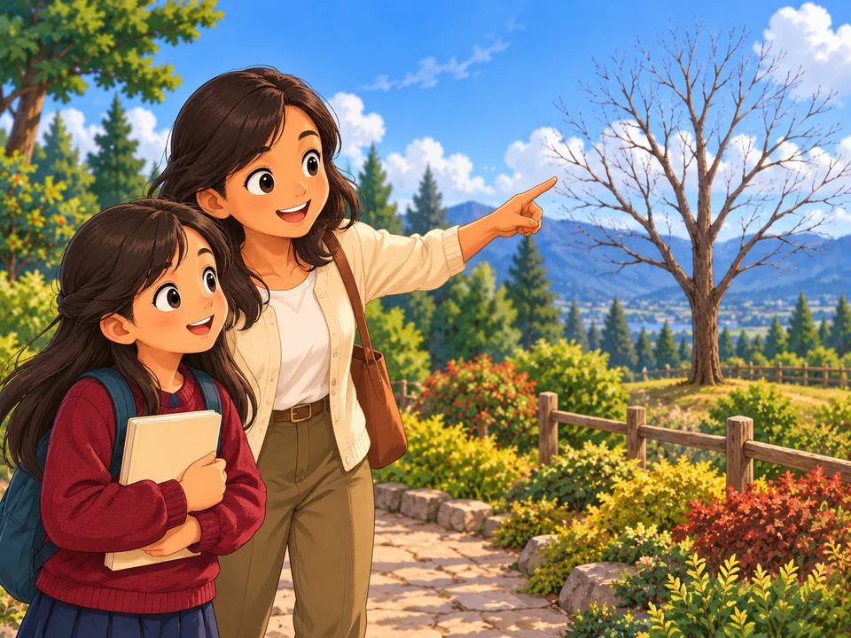 A pupil and teacher notice a distant tree on a cool sunny garden walk.