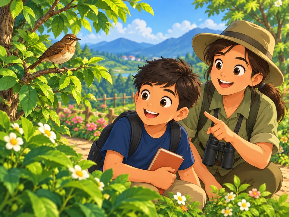 A pupil and nature guide watch a resting songbird beside a sunny garden path.