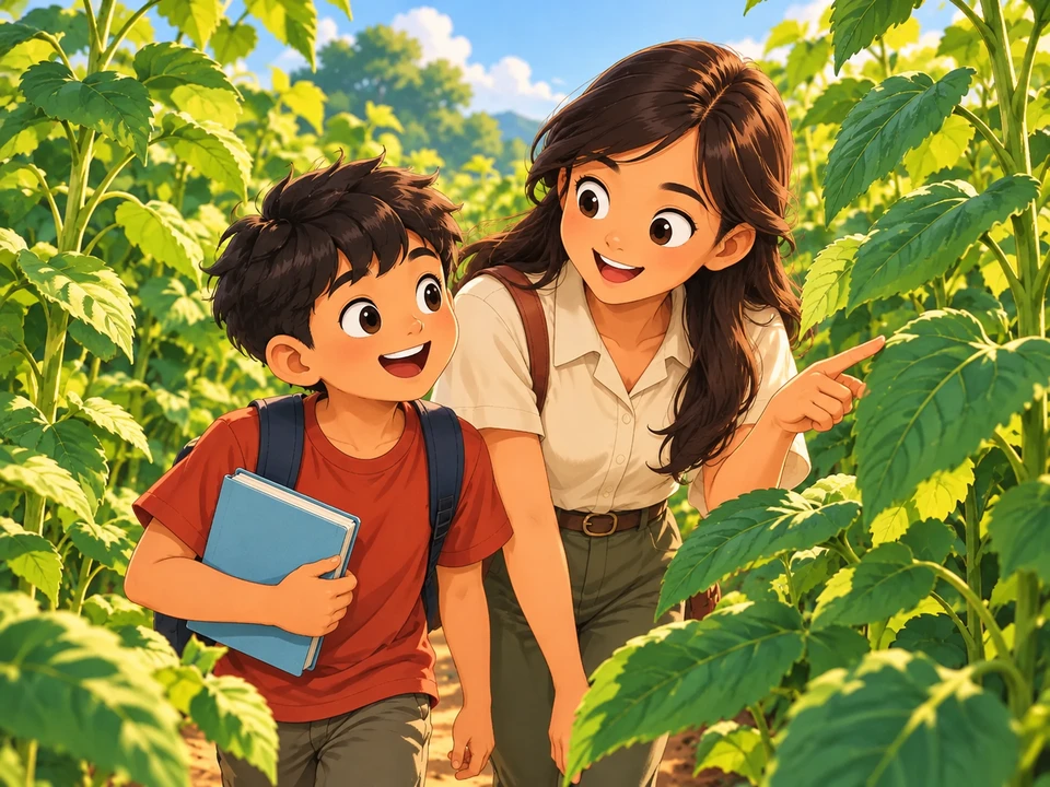 A pupil and teacher walk among tall green leaves in a sunny plant-study garden.
