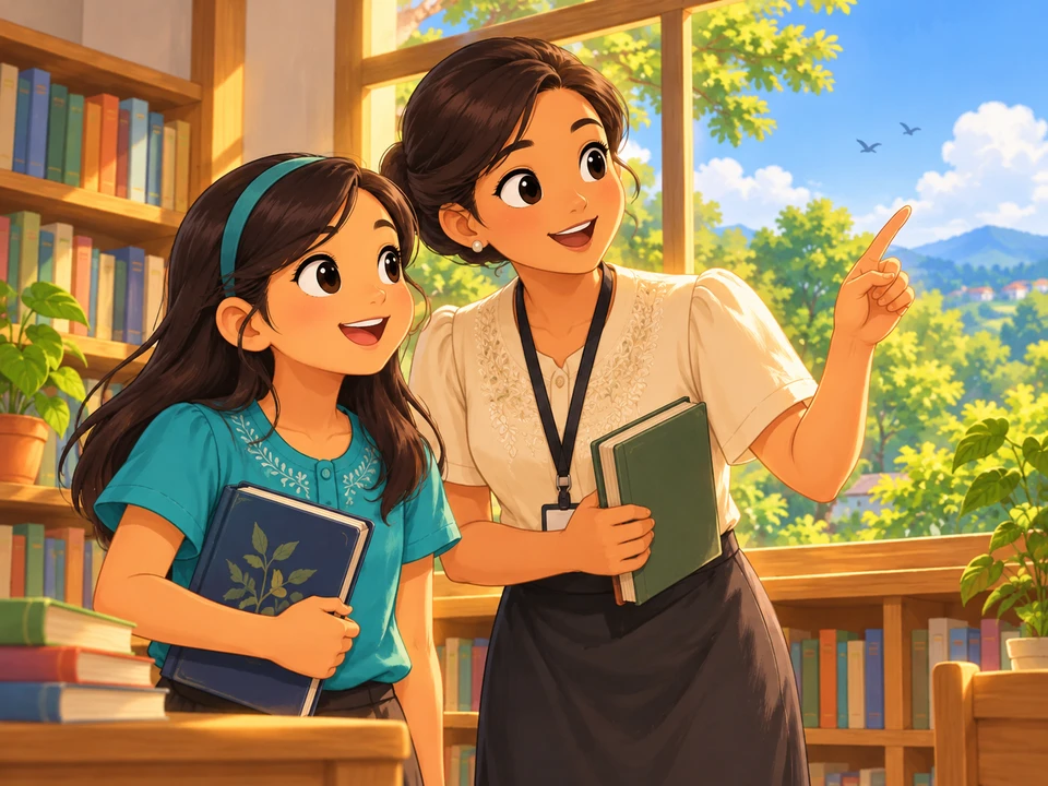 A pupil and teacher look through a bright library window toward distant birds.