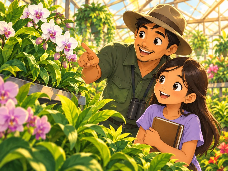 A pupil and botanical guide admire orchids from a bright greenhouse walkway.