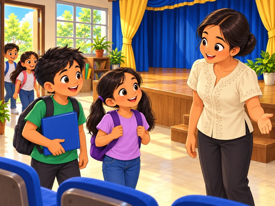 Mga mag-aaral na dumarating para sa pagsasanay sa maikling dula.