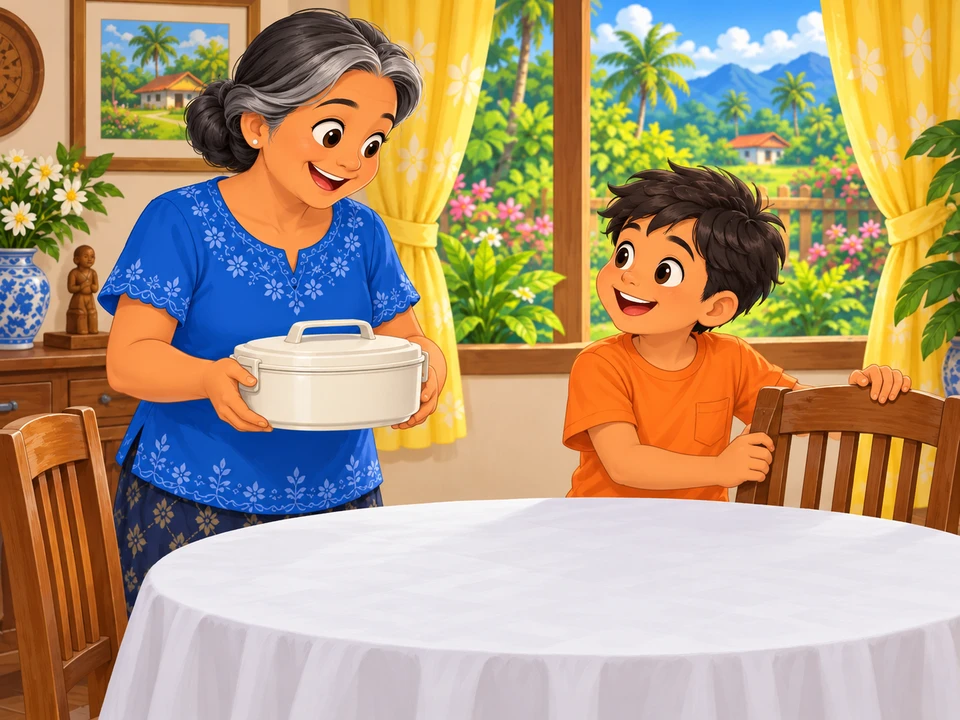 Lola at batang naghahanda sa mesa na may saradong lalagyan ng pagkain.