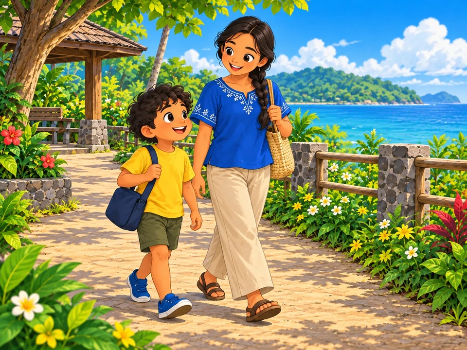 Bata at nakatatandang kasama sa ligtas na daan malapit sa dagat.