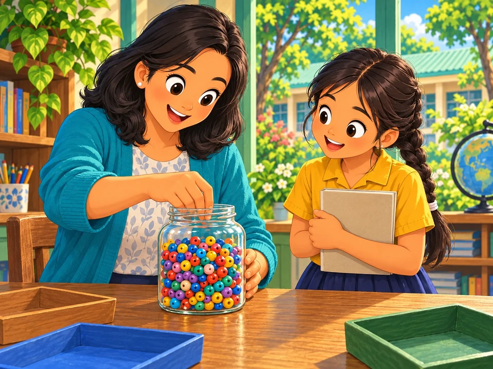 Isang guro at batang naghahanda ng mga butil para sa gawain sa klase.