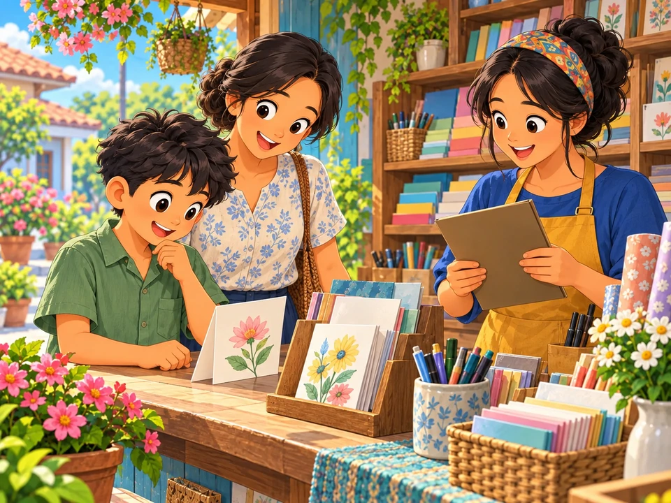 Isang batang may kasamang nakatatanda sa tindahan ng mga kard.