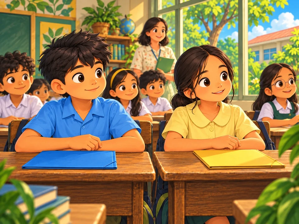 Dalawang batang naghahanda para sa gawain sa klase.