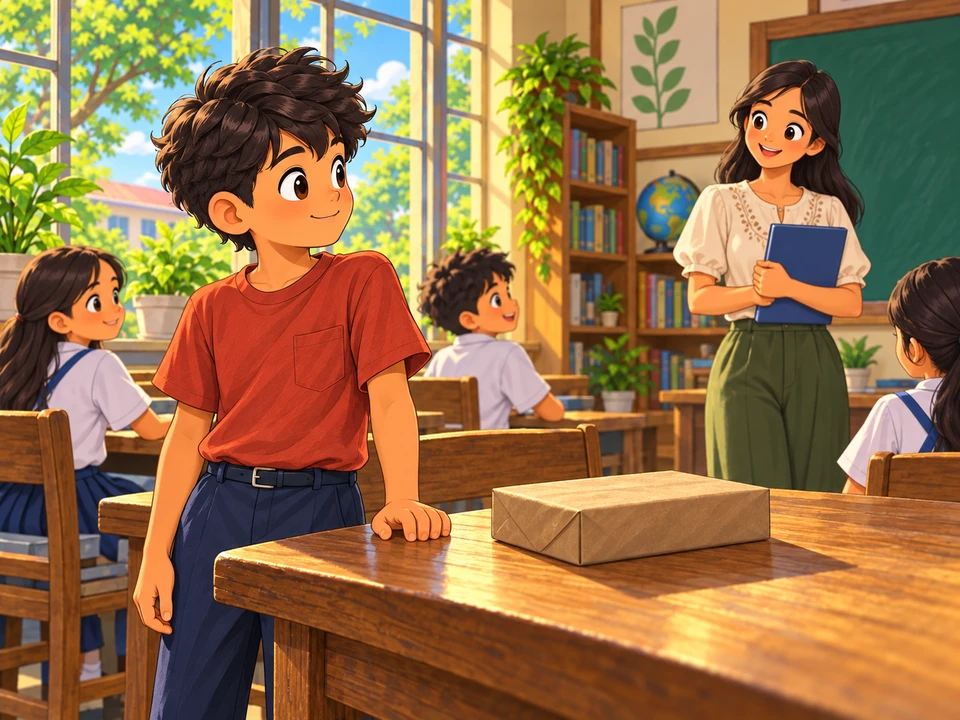 Isang batang naghahanda ng saradong pakete para sa gawain sa klase.