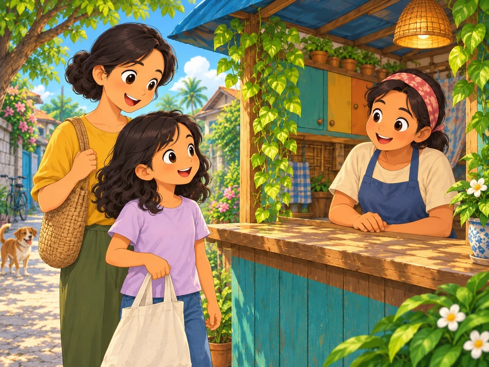 Si Nena at isang nakatatanda sa harap ng maliit na tindahan.