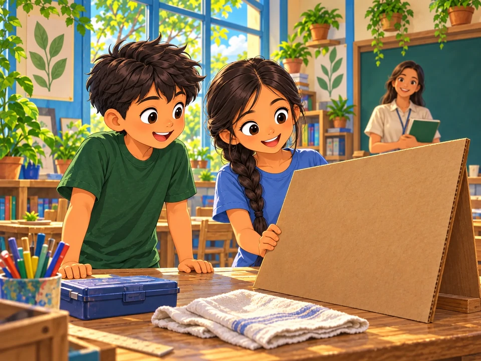 Mga batang naghahanda ng karton at kagamitan bago ang gawain.