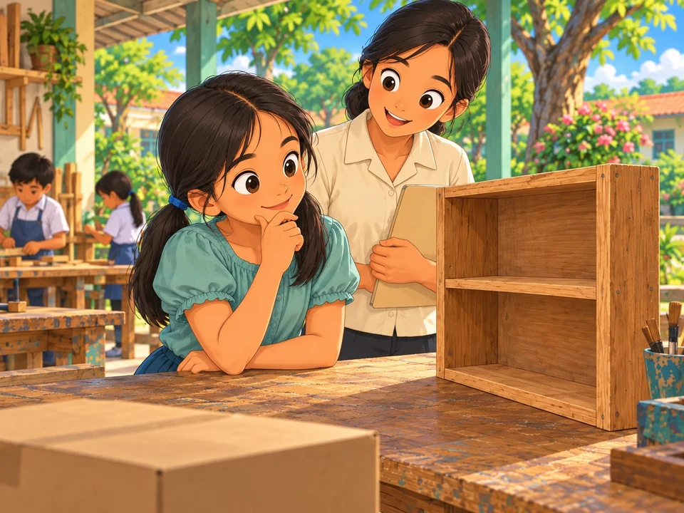 Isang batang nagmamasid sa istanteng kahoy sa lugar ng gawain.