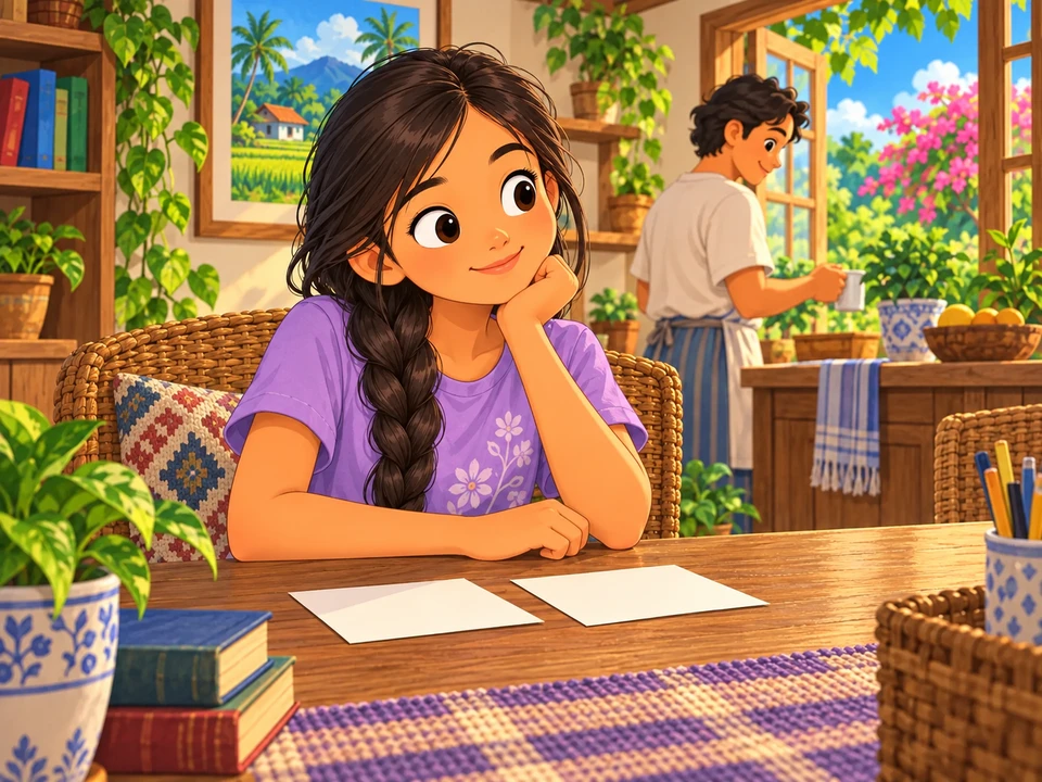 Si Isa na nag-iisip sa mesa sa bahay bago magpasya.