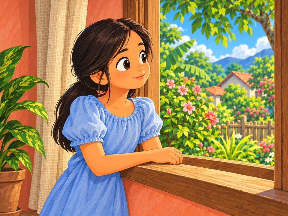 Isang batang nag-iisip sa tabi ng bintana sa bahay.