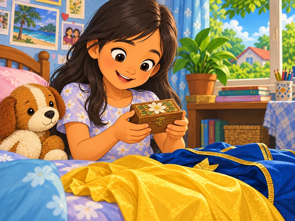 A child holds a closed keepsake box beside costume fabric.