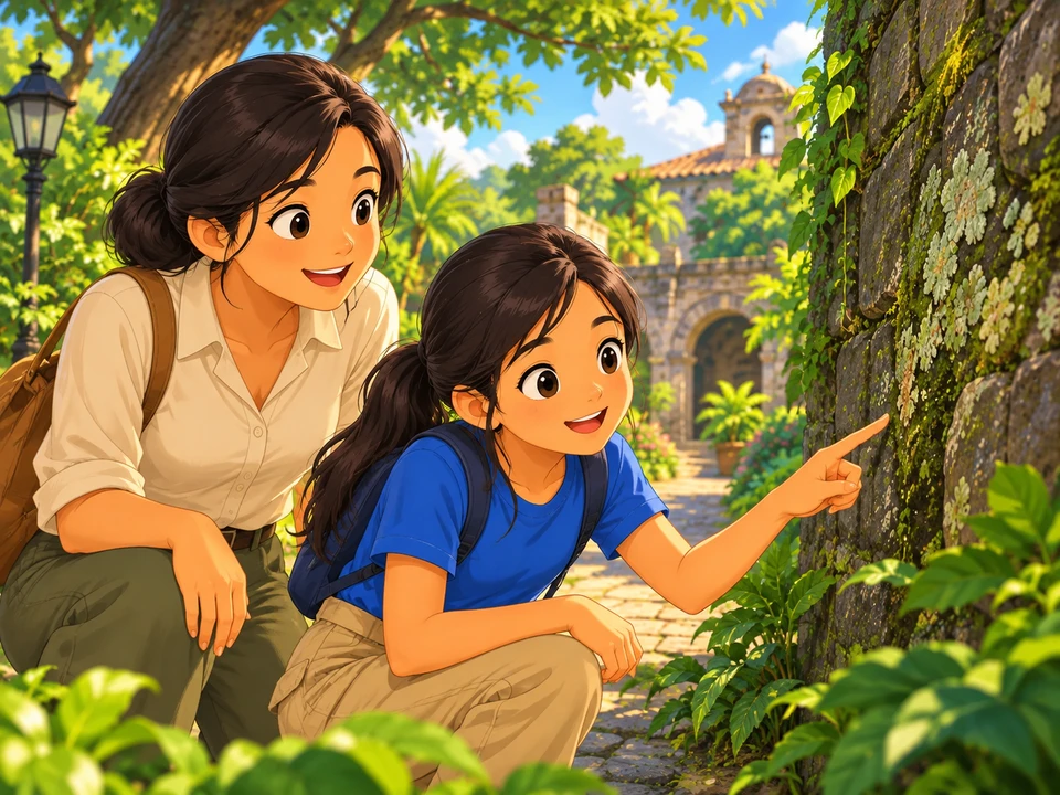 A girl and an adult look closely at a pale patch on a courtyard wall.