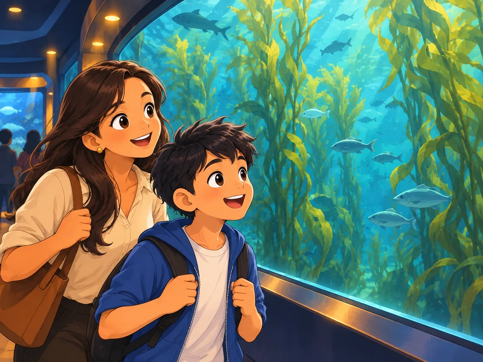 A boy and his aunt explore an aquarium with tall underwater kelp.