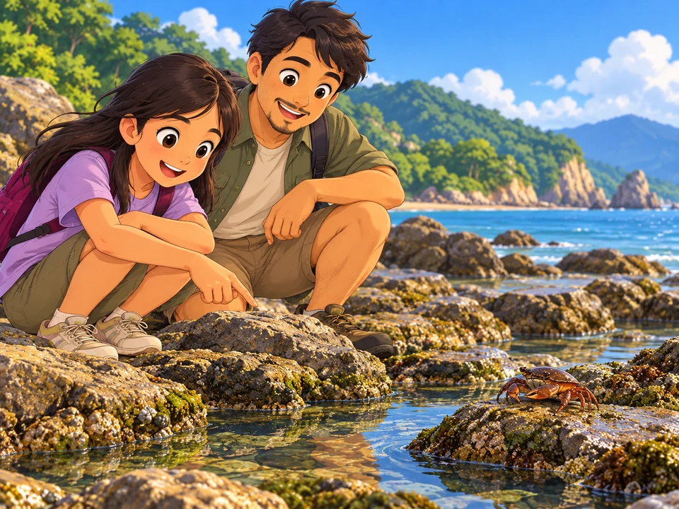 A girl and her father quietly observe a crab at a rocky tide pool.