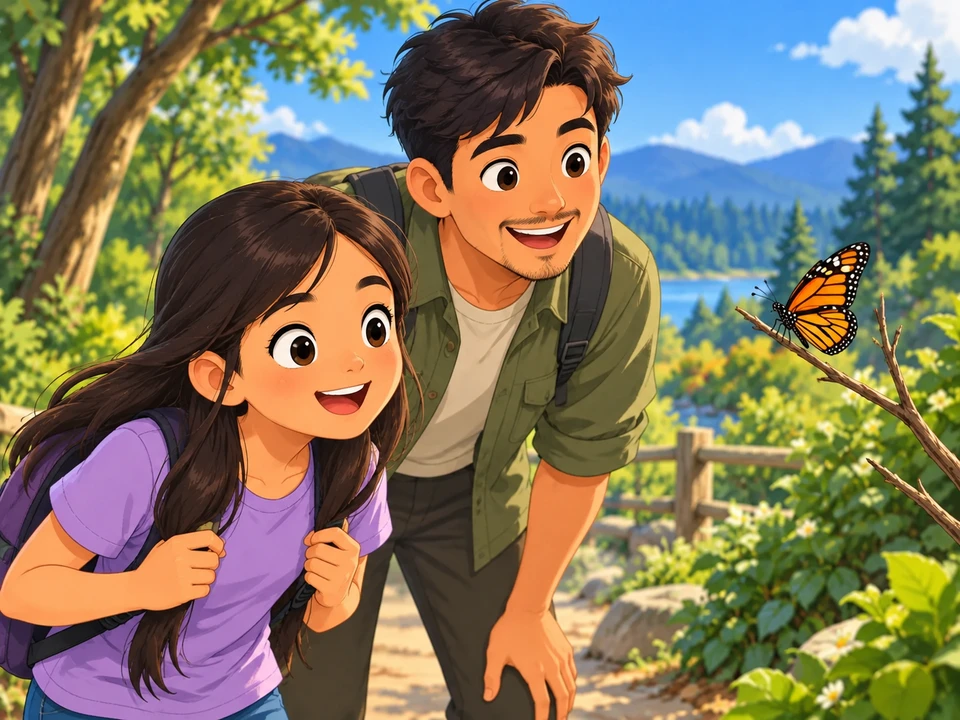 A girl and her uncle watch a monarch butterfly beside a nature path.