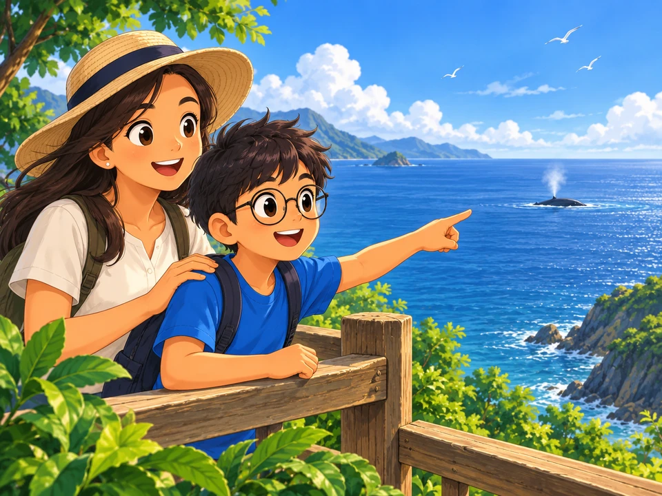 A boy with glasses and an adult watch a distant whale from a coastal lookout.