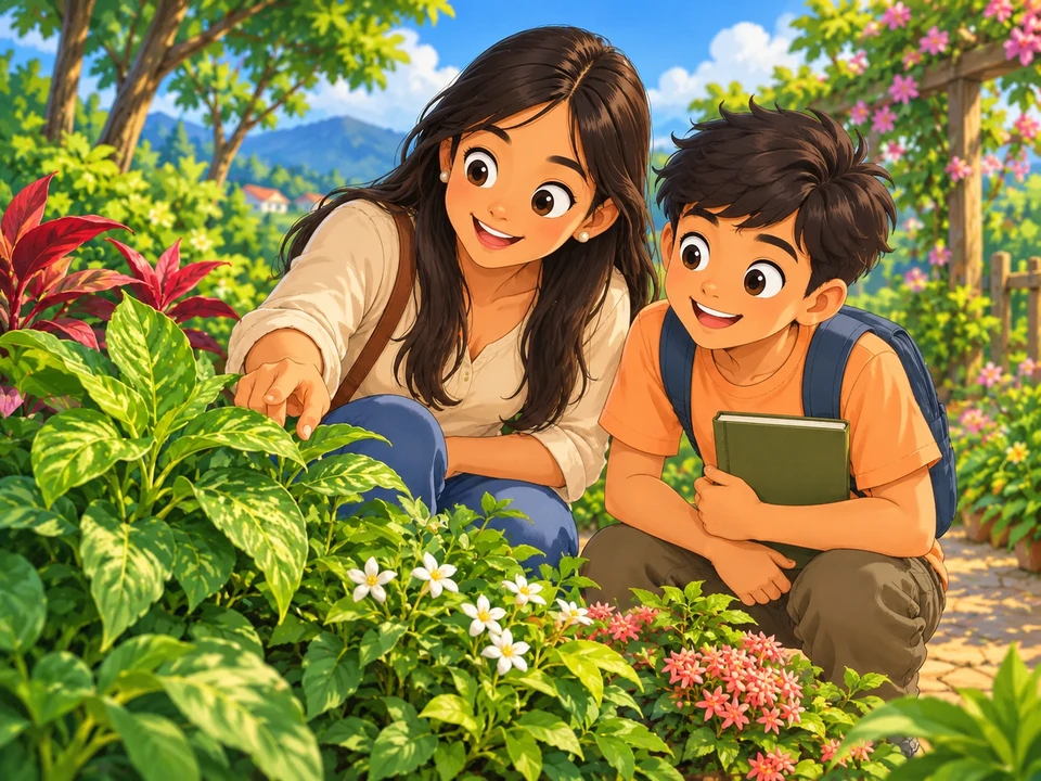 A boy and an adult study green garden plants from a path.
